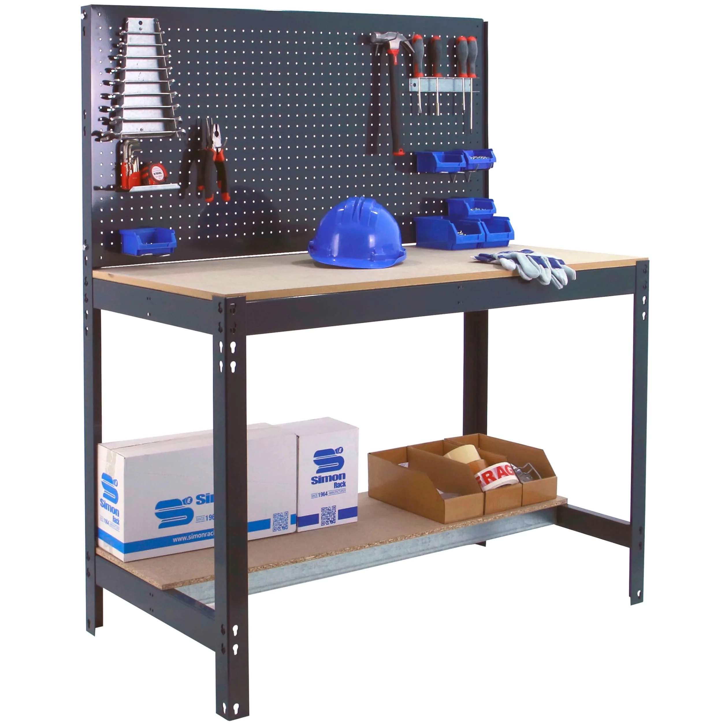 Simon Rack Banco da lavoro per officina, capacità di carico 400 kg, 1445x910x610 mm, Pannello Forato, Tavolo da lavoro fai da te, Antracite/Legno - BT2
