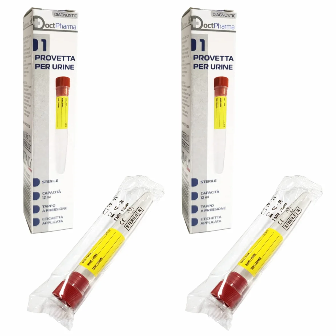Provette Sterili per Analisi Urine 12ML con Etichetta, Fiale Graduate con Tappo a Pressione, KIT 2 PZ