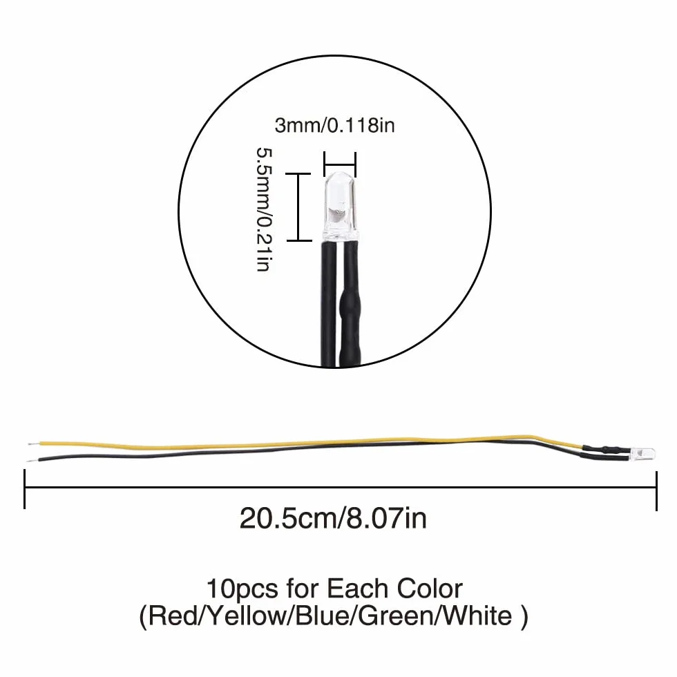 YIXISI 50 Pezzi 3mm LED Diodo ad Emissione Luminosa 12V 20cm per Illuminazione Automobilistica