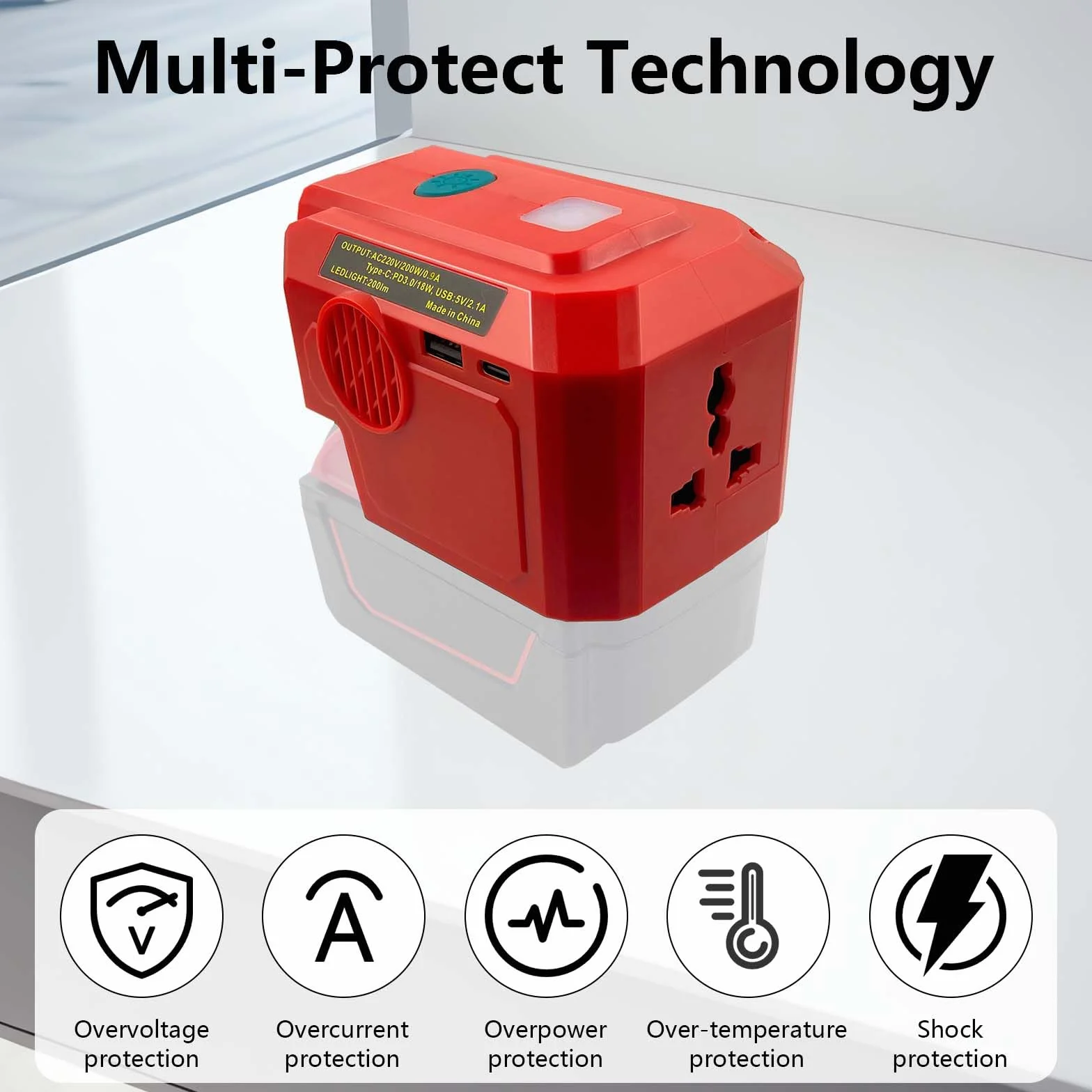 Convertitore per Einhell 18V Batterie, 200W 18V CC a 220 V CA, Adattatore Convertitore per Batterie a Onda Sinusoidale Pura con Lampada LED USB-C 200LM e Prese 230V Inverter per Campeggio