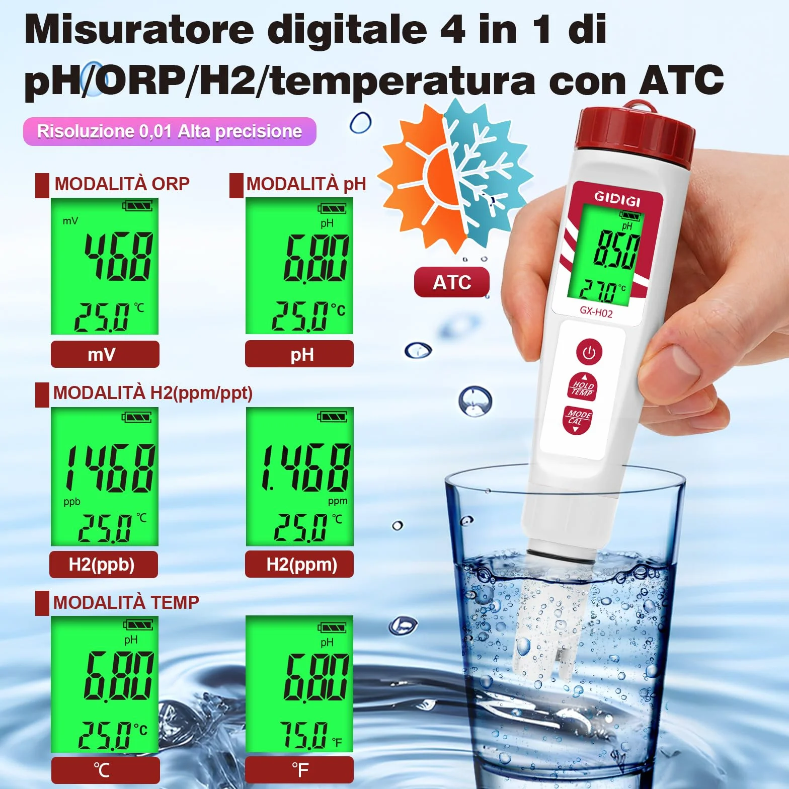 Tester di idrogeno per acqua, misuratore di pH GIDIGI, misuratore di qualità dell'acqua digitale pH/ORP/H2/Temp con ATC, tester ORP, tester di idrogeno ad alta precisione per acqua potabile idroponica