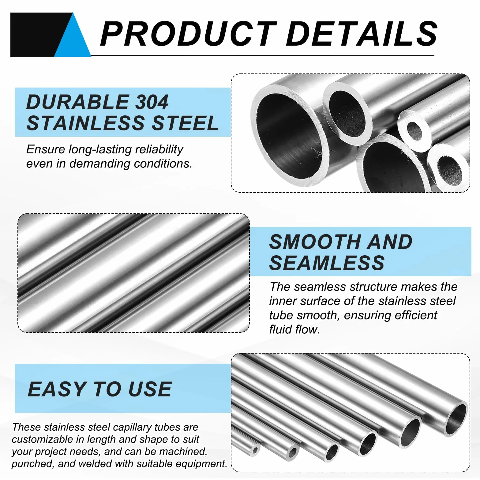 sourcing map Tubo in Acciaio Inossidabile 304 ID 7mm OD 11mm Lunghezza 305mm