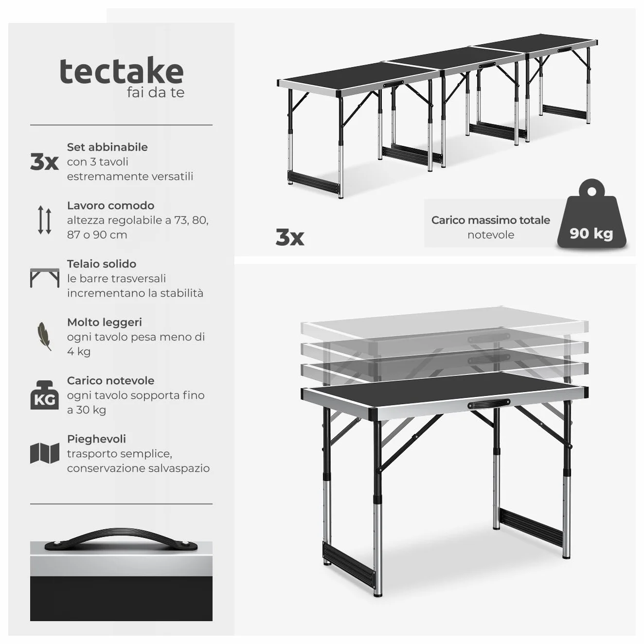 tectake® Tavolo da Lavoro Pieghevole in Alluminio, Multifunzionale, 300x60 cm, Tre Pezzi, Tavoli Pieghevoli da Lavoro, Regolabili, Tappezzeria, Feste, Campeggio, Stabili, Montaggio Rapido, Peso 11 kg