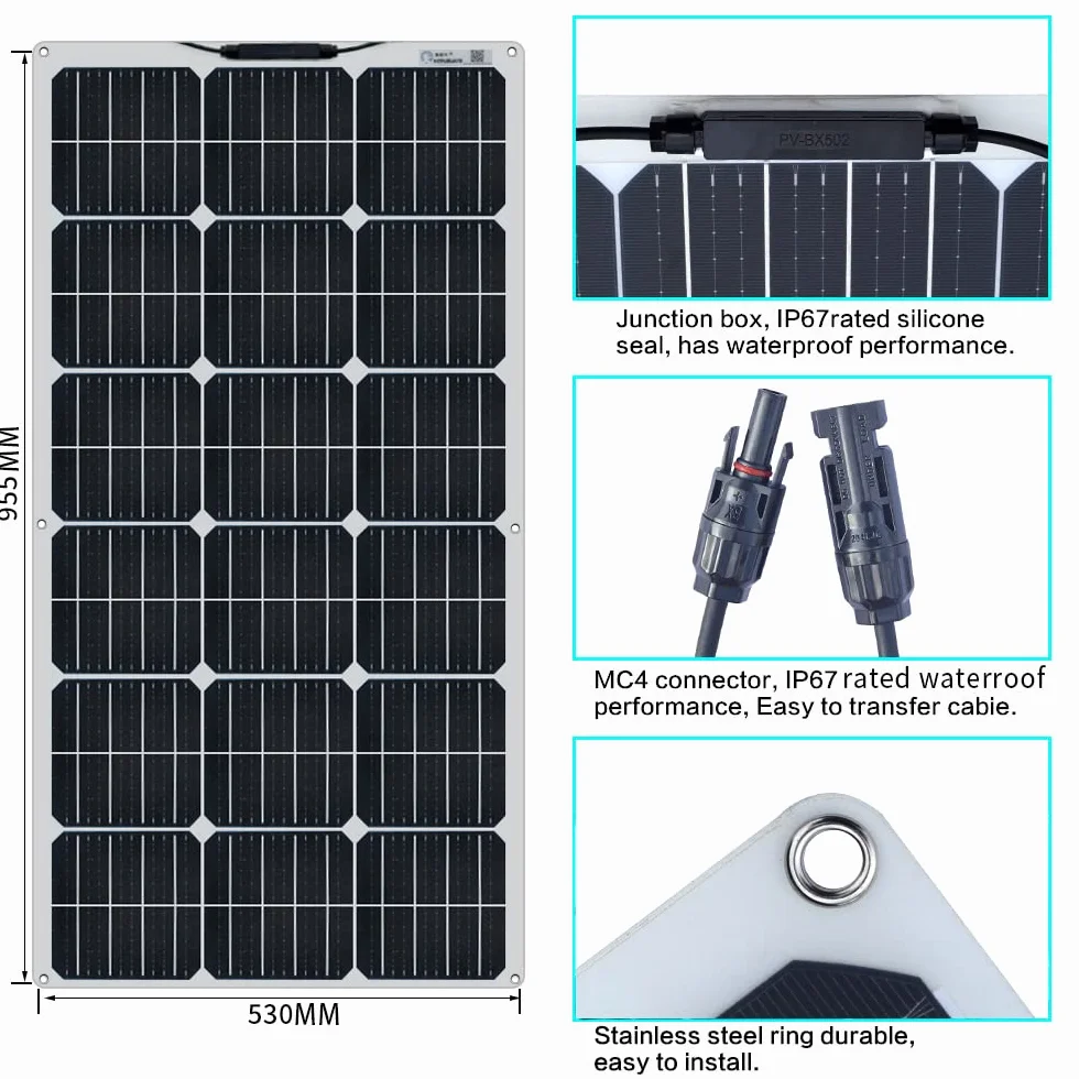 XINPUGUANG Pannello solare flessibile da 100 W 12V Kit modulo mono per barca, auto, roulotte, ricarica della batteria 12v (100)