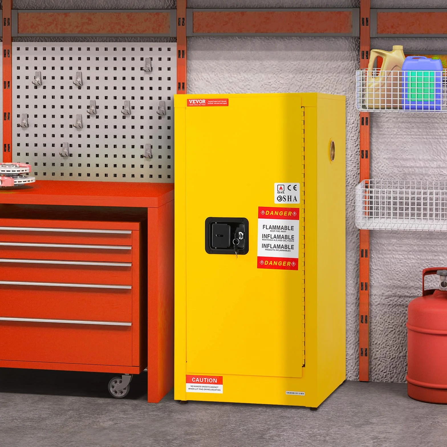 VEVOR Armadio di Sicurezza Infiammabili 16 Gal Acciaio Laminato Freddo 18,1x18,1x35,4 Pollici Antideflagrante 2 Ripiani Regolabili