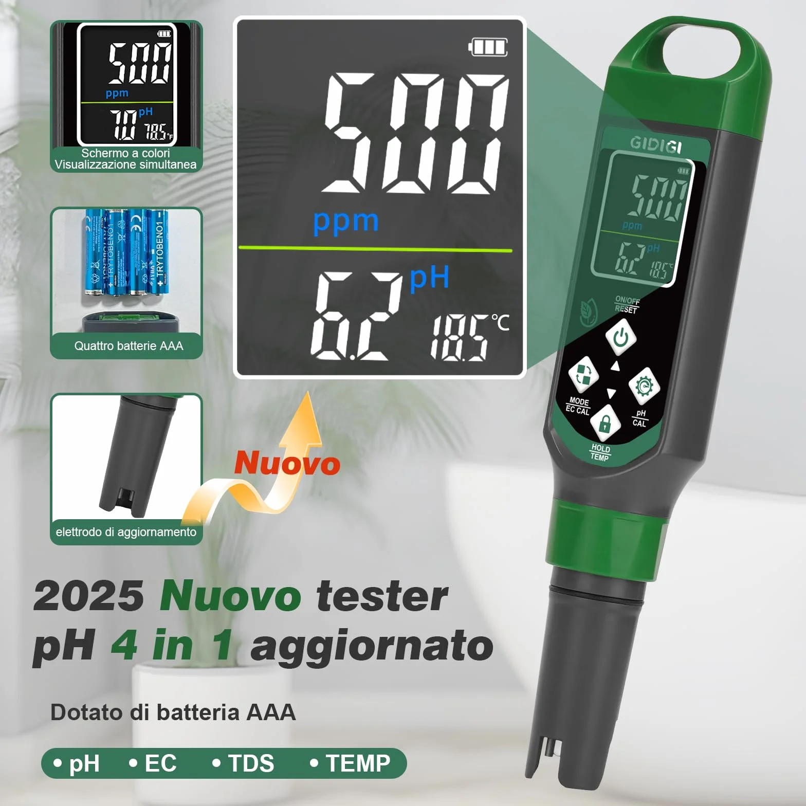 Misuratore di pH digitale 4 in 1 tester PPM per acqua EC TDS temp penna per test qualità dell'acqua idroponica piscina