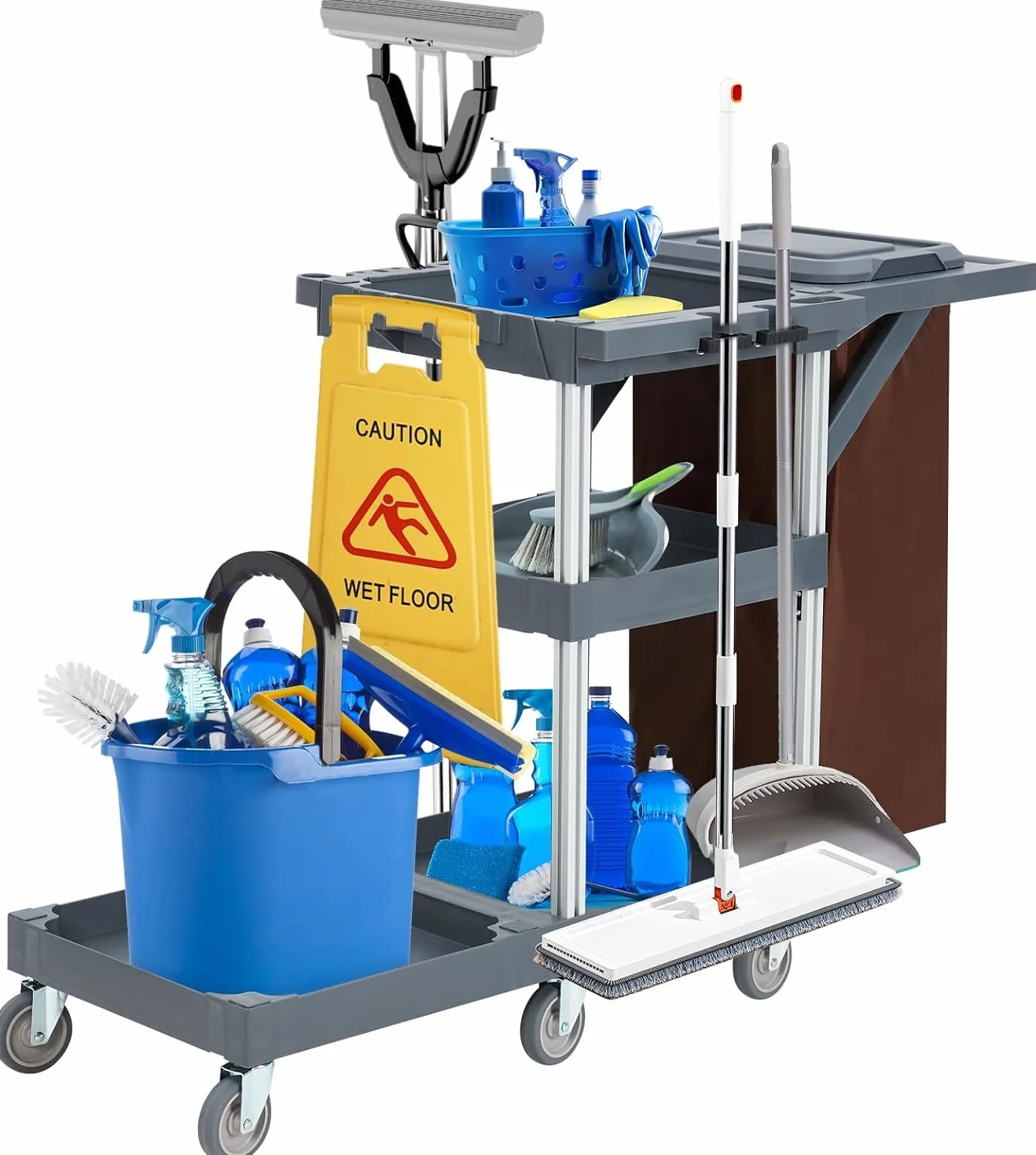 Carrello Pulizie Professionale,Carrello Per Pulizie Commerciali Di Hotel e Ospedali Con Armadietti Ripiani,Carrelli Multiuso Per Pulizia Con 6 Ruote e Sacco in Vinile Per Ufficio, Hotel, Capacità 300