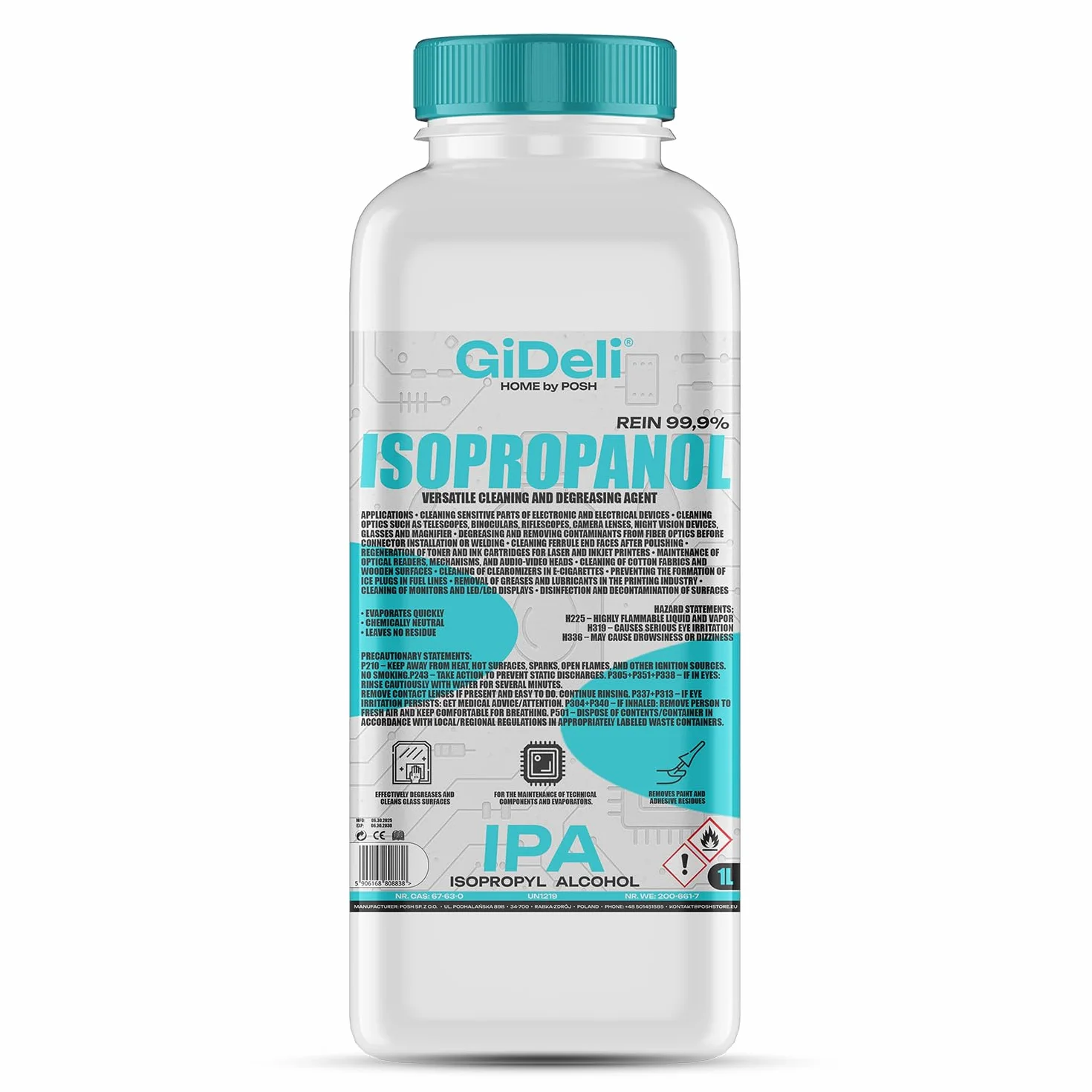 GiDeli Isopropanolo 99,9% 1l - Isopropilalcol Detergente ad Alta Concentrazione - Detergente per Elettronica, Accessori per Stampanti 3D, Vetro, Schermi e Lenti