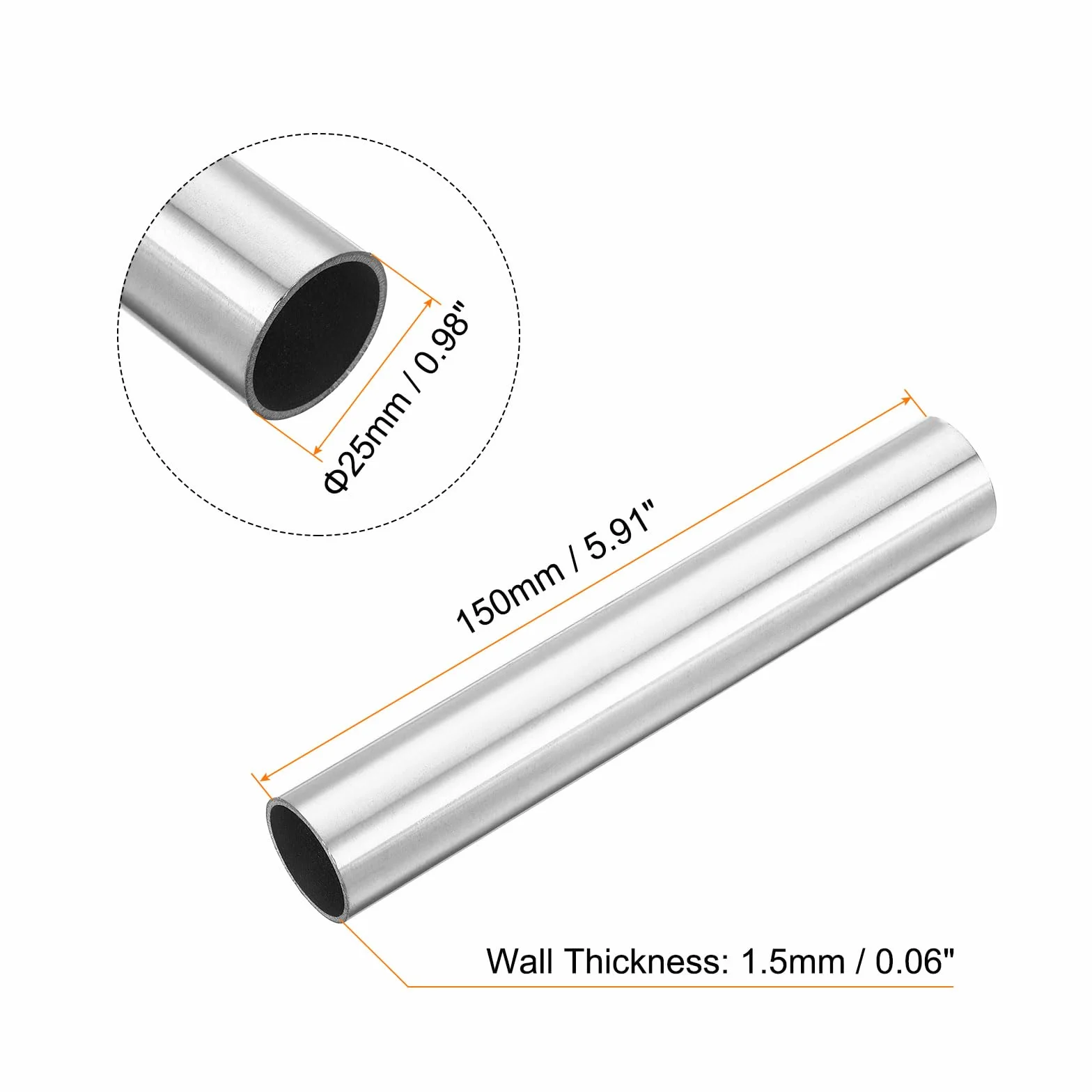 Tubo Acciaio Inossidabile 304 OD 25mm x 1.5mm Lunghezza 150mm Argento 1 Unità