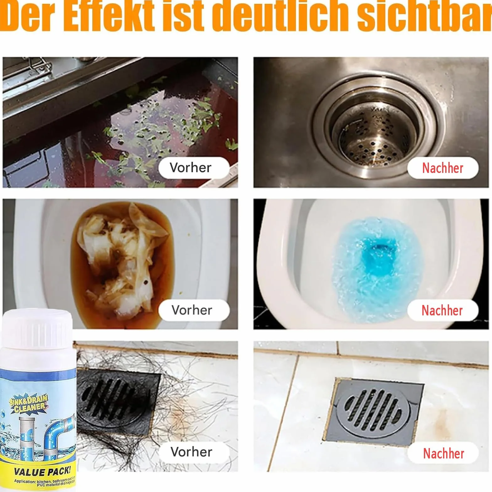 Vollstern - Detergente per scarichi, Value Pack per tubi, altamente efficace, con schiuma attiva, per cucina, bagno, toilette e balcone (110 g per bottiglia) (2 pezzi)