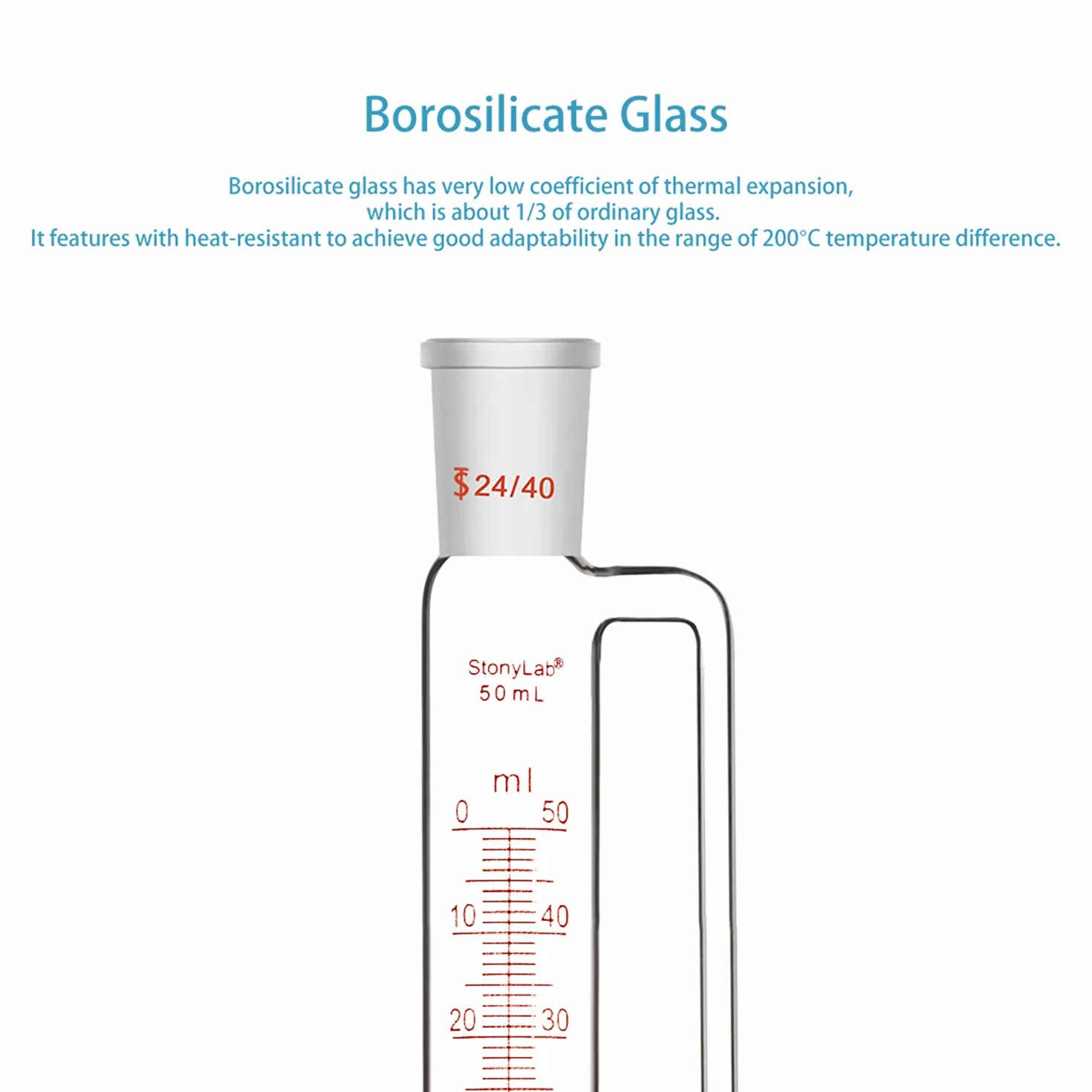 stonylab Imbuto Graduato a Pressione Bilanciata, Addition Funnel Dropping Funnel Imbuti Gocciolatori in Vetro Borosilicato con Tappo di Arresto in PTFE per Laboratorio (24/40 Joint, 50 ml)