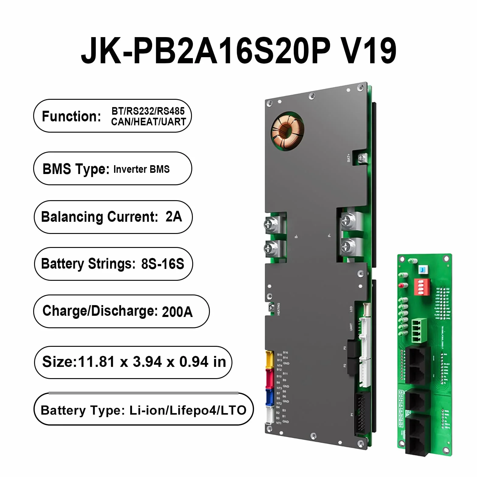 JKBMS Inverter BMS 8S-16S 24V-48V 200A - V19 Home Energy Storage BMS con UART per nuovo display, Bilanciamento attivo 2A, Bluetooth integrato, RS485 & CAN, per sistema solare (JK-PB2A16S20P V19)