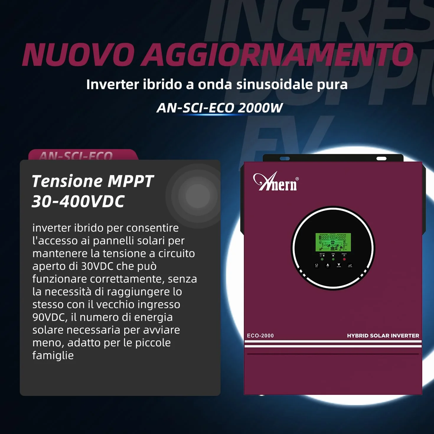 Anern Inverter ibrido da 2000W 12V DC a 220 V/230 V AC con regolatore solare 80A, ingresso PV max.400V, Inverter Fotovoltaico funzionamento con batterie al piombo da 12 V e al litio