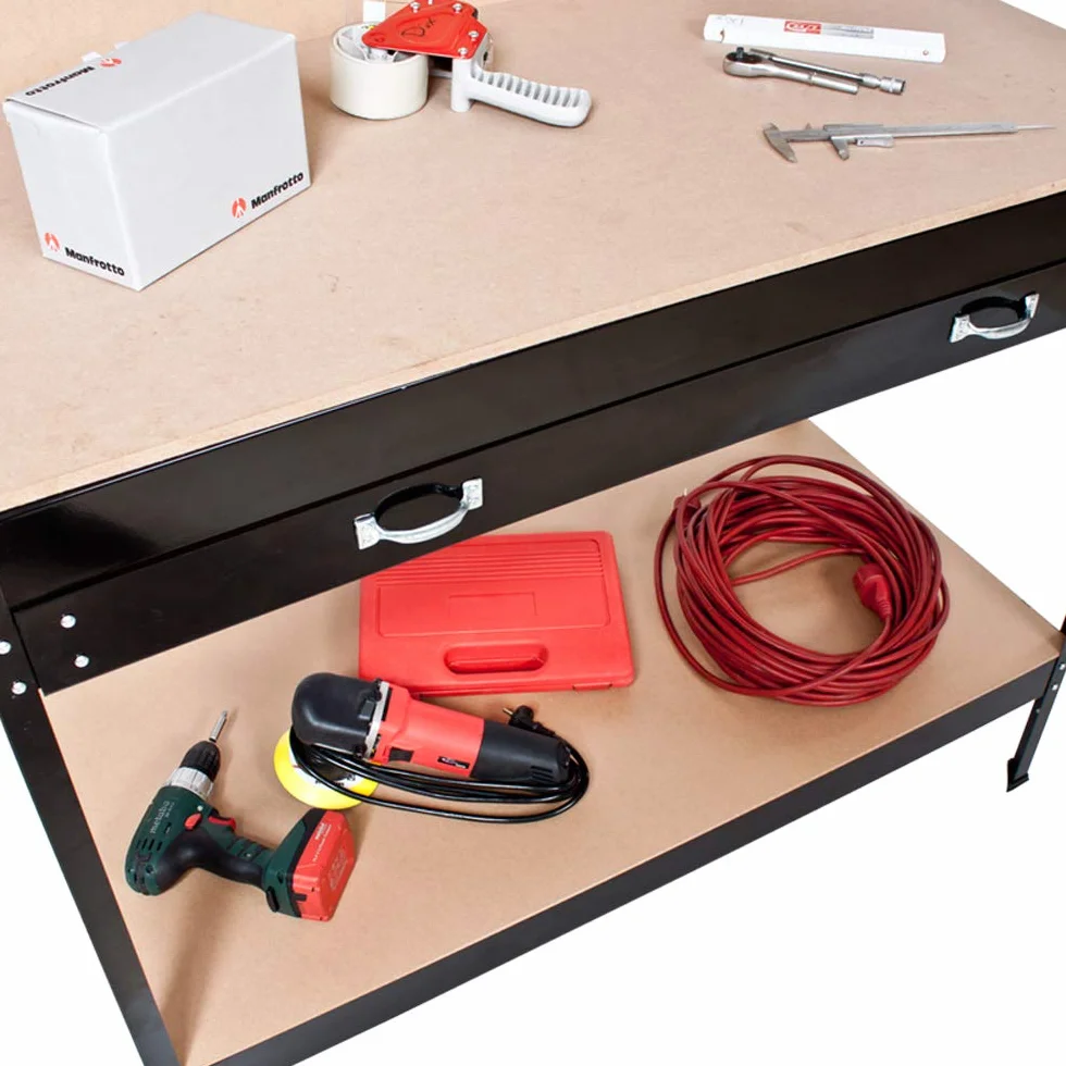 tectake® Banco da lavoro 120x60x156cm, Tavolo ideale per Fai da te, 12 Ganci inclusi, Ampio Cassetto per vari Utensili, Parete con Fori, Spazio per Attrezzi da Lavoro in Garage, Officina, Casa - Nero