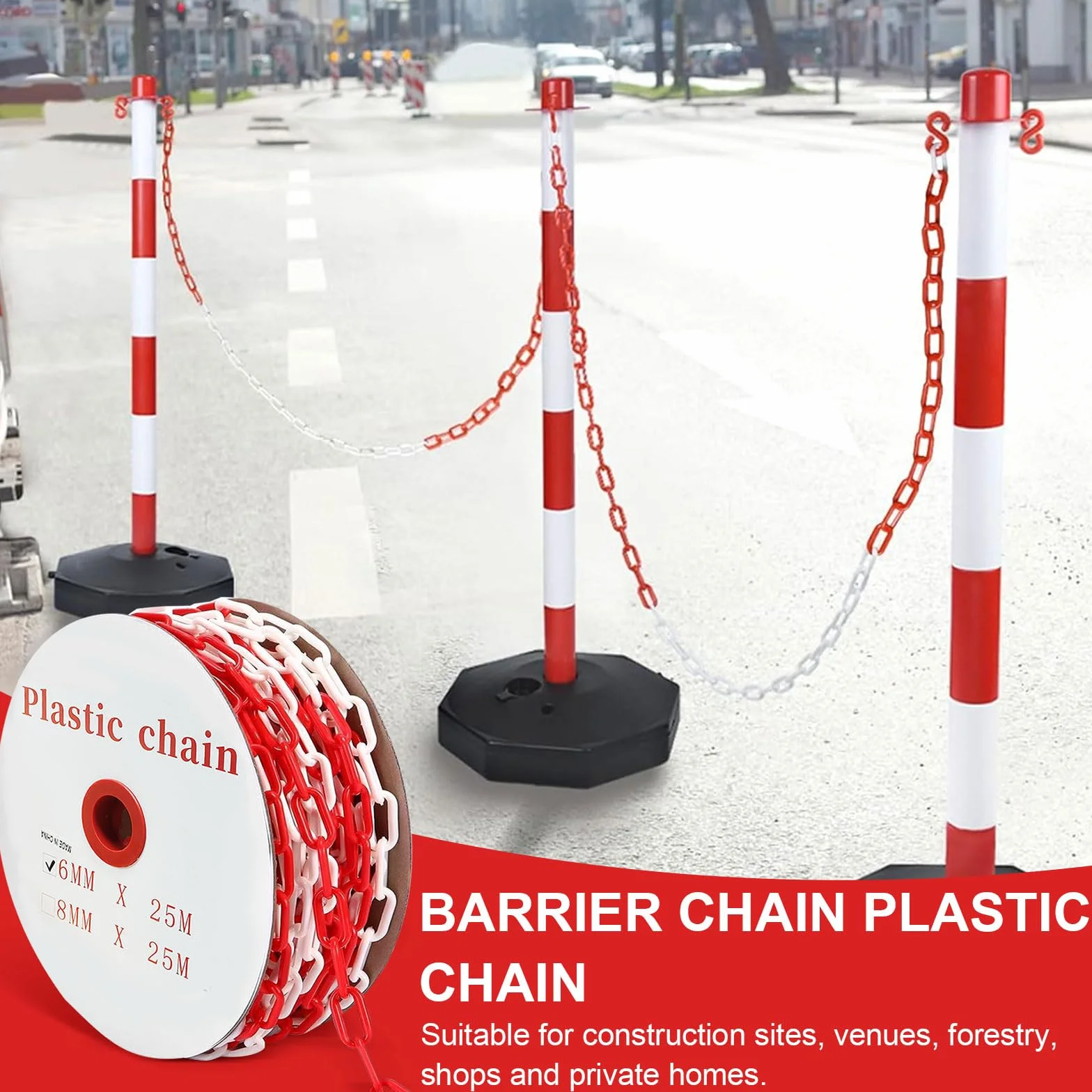 Catena di bloccaggio, 25 m, in plastica, da 6 mm, in plastica, con 4 moschettoni, per barriere in vialetti, posti di lavoro e garage