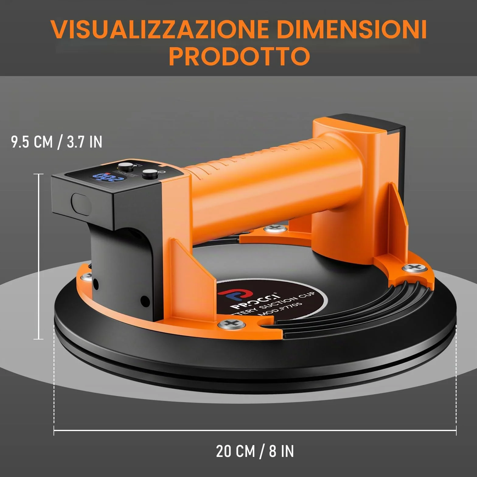 Ventosa a Batteria per Superfici Lisce – 200 KG di Forza di Aspirazione, Display LCD, Batteria 2500 mAh Fino a 7 Ore, Ideale per Piastrelle, Vetro e Marmo