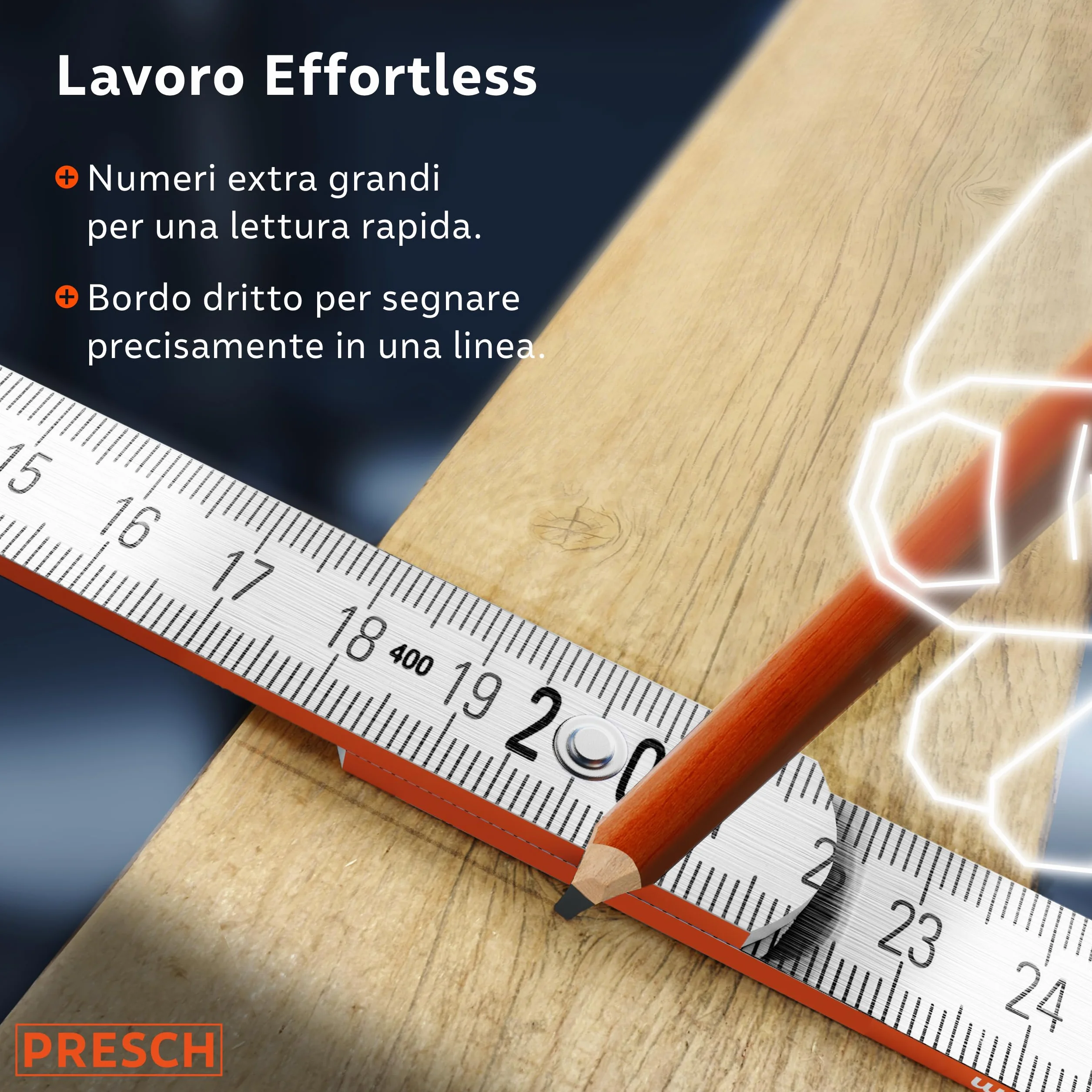 Presch Metro Pieghevole da 3 Metri con Scala degli Angoli - Legno Arancione - Numeri Grandi - Metro Righello con Motivo Strumenti