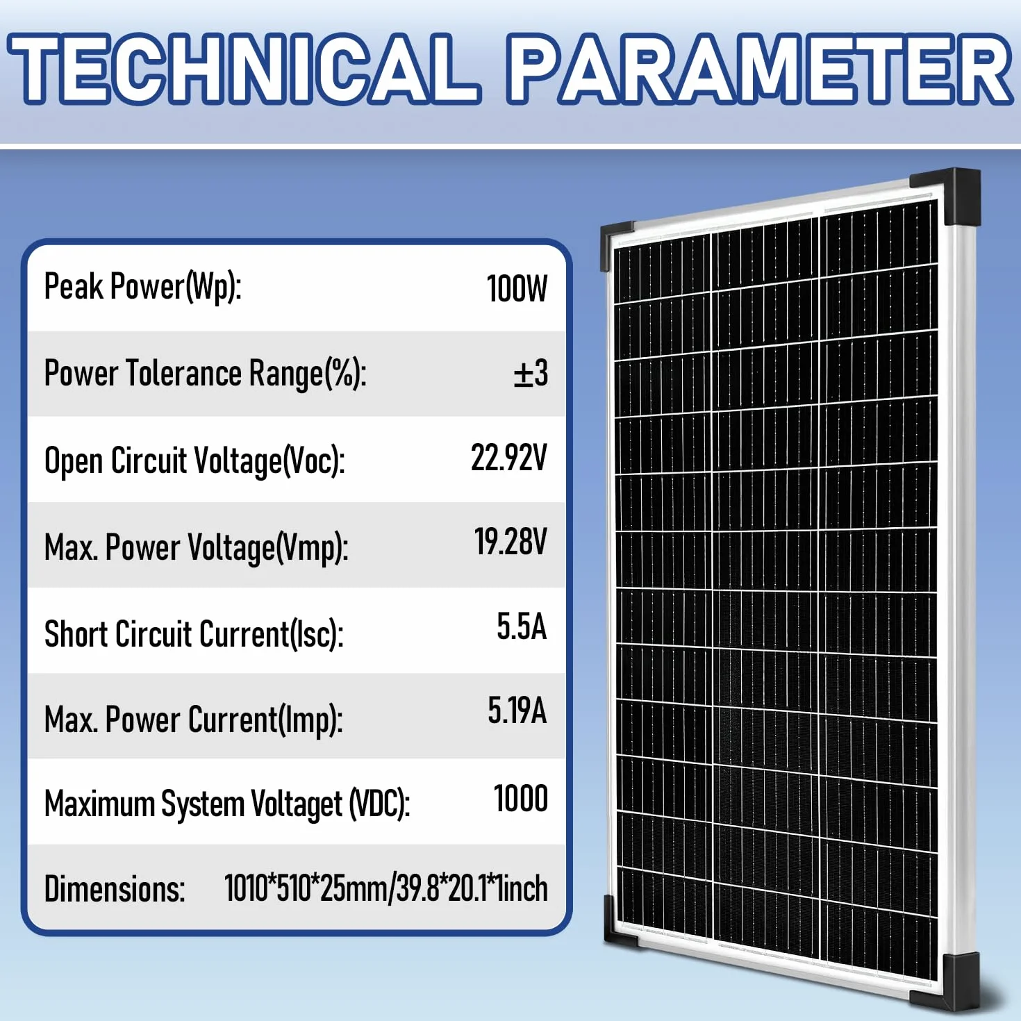 Pannello solare da 100 W, 12 V, pannello solare monocristallino, 100 Watt, con regolatore di carica da 20 A, per carica di energia indipendente da 12 Volt per camper, barca, roulotte, casa
