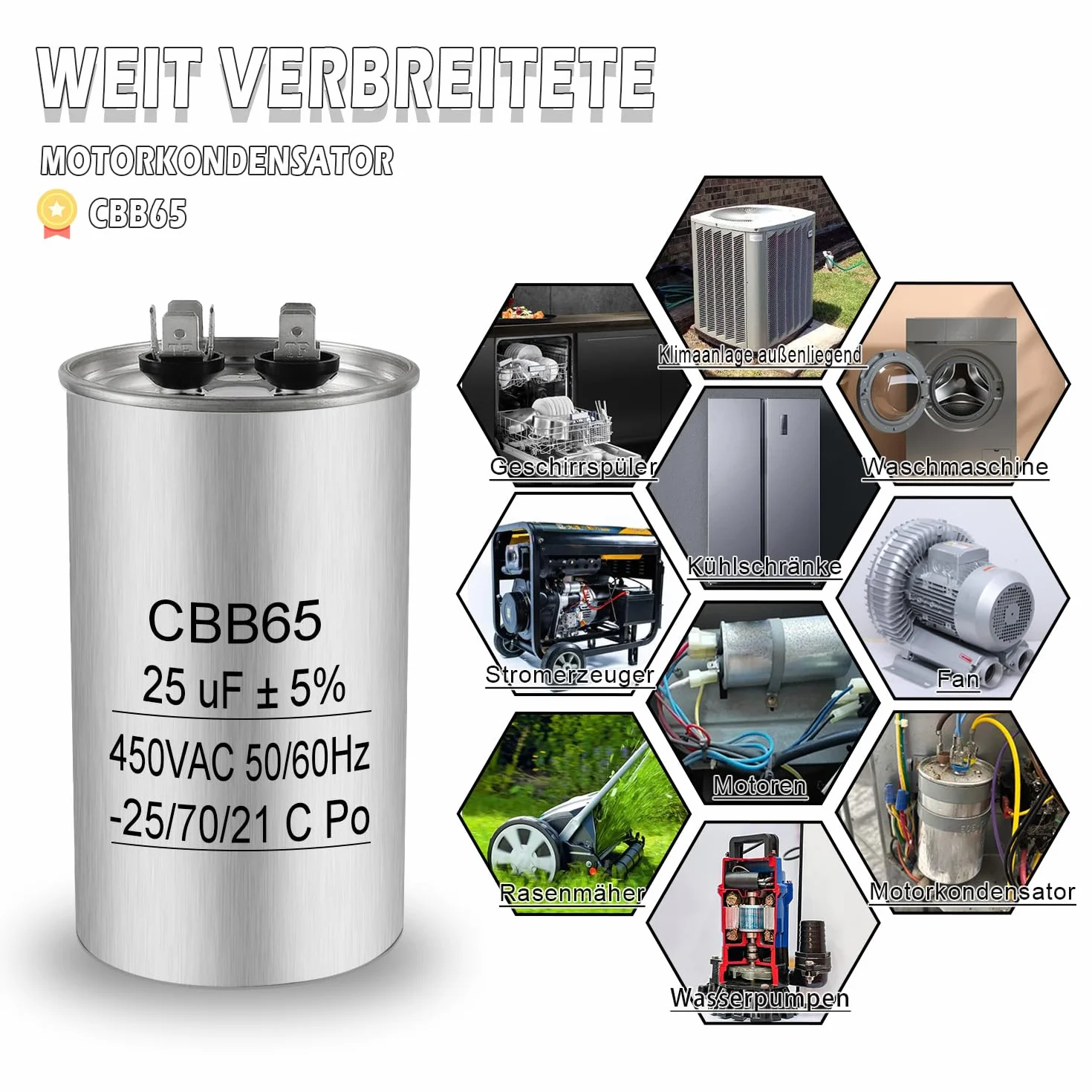 Condensatore motore CBB65 25uF 450V AC 50/60Hz auto-guarigione alloggiamento metallo per aria condizionata