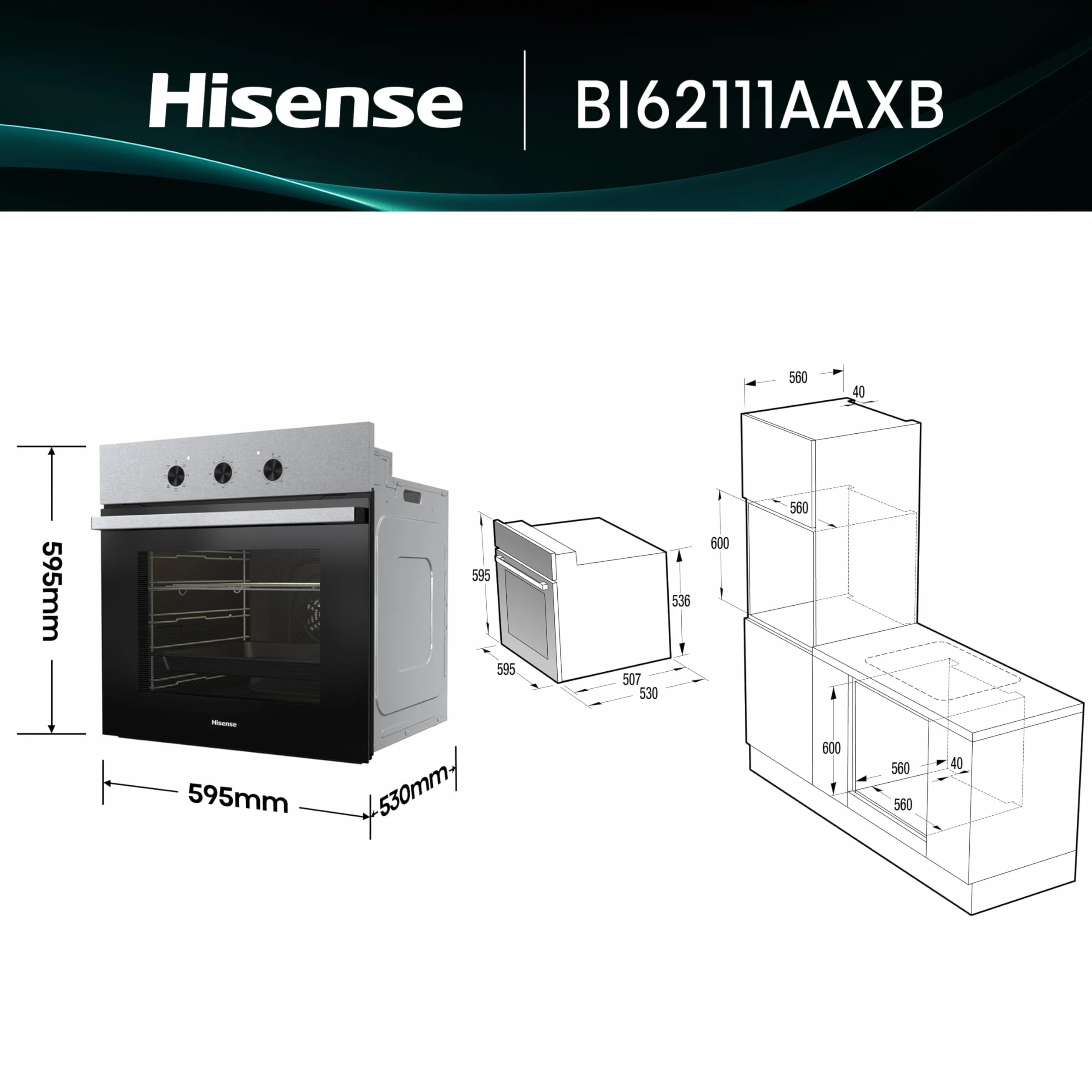 Hisense Forno Multifunzione 73 litri 60 cm Classe A Nero/Inox Guide telescopiche 7 funzioni 3 vetri