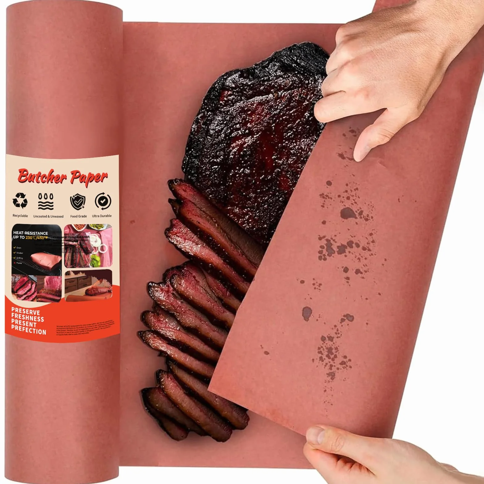 Rotolo di Carta da Macellaio, Butcher Paper, Non Patinata, Non Cerata, Carta da Griglia Kraft per Uso Alimentare per Grigliare, Carne Affumicata, Pesce, Verdure, Pane (Rosa) (40cm x 30m)