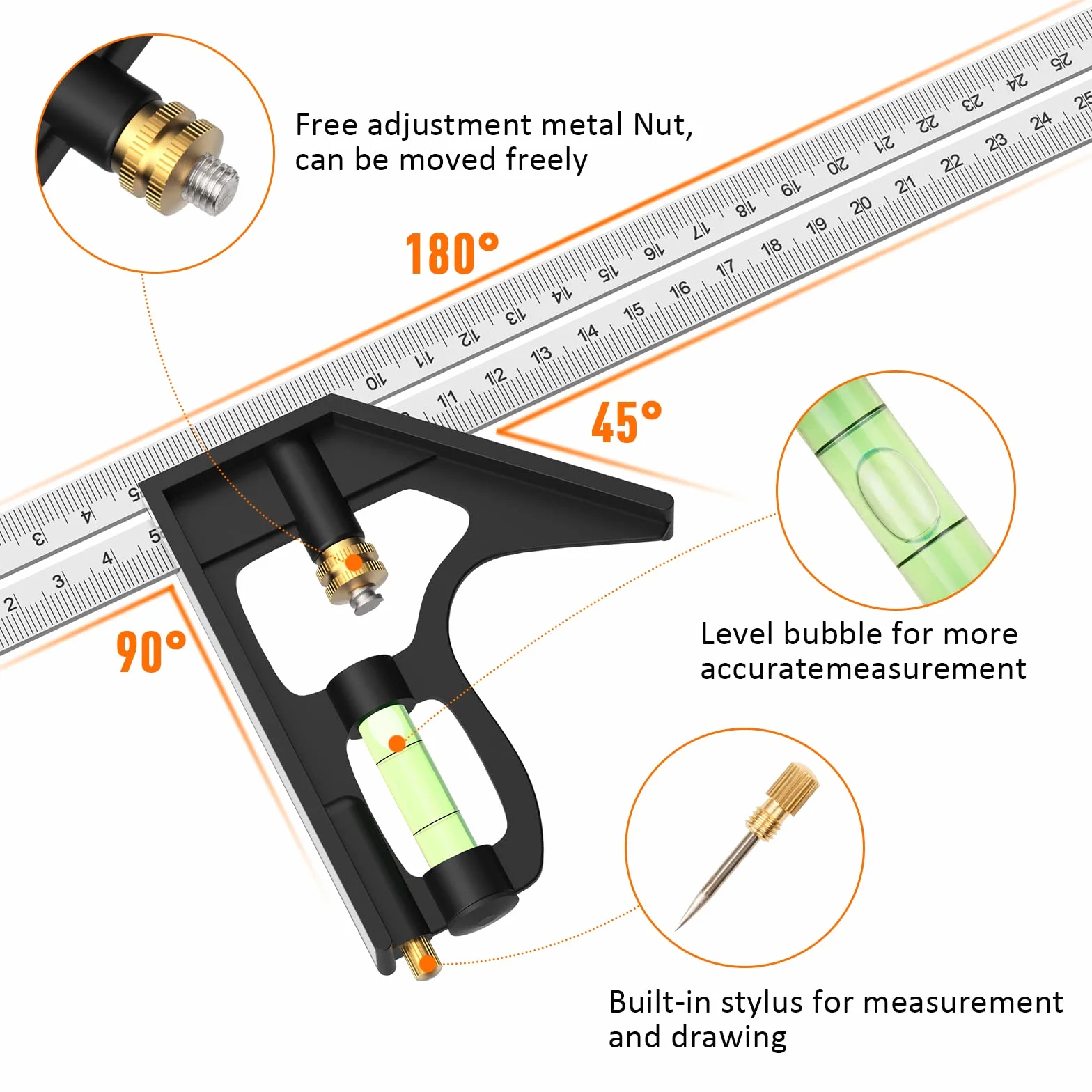 Squadra Combinata Regolabile in Acciaio Inossidabile 300 mm 45/90 Gradi con Livella a Bolla